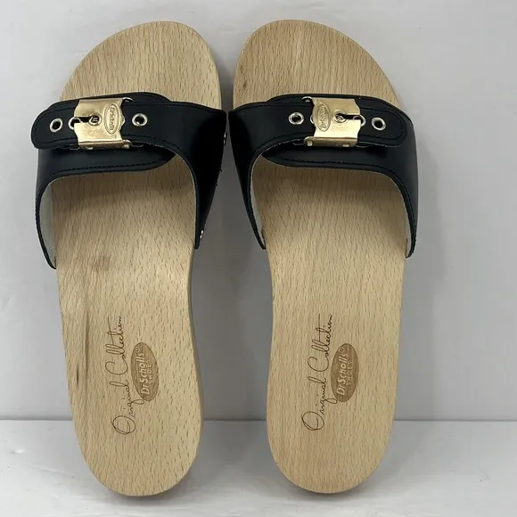 Dr Scholl’s ORIGINAL COLLECTION, BLACK, ADJUSTABLE TOP STRAP, WOODEN SOLE,SIZE 5