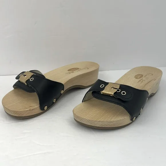 Dr Scholl’s ORIGINAL COLLECTION, BLACK, ADJUSTABLE TOP STRAP, WOODEN SOLE,SIZE 5