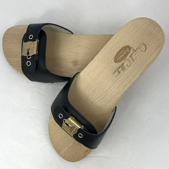 Dr Scholl’s ORIGINAL COLLECTION, BLACK, ADJUSTABLE TOP STRAP, WOODEN SOLE,SIZE 5