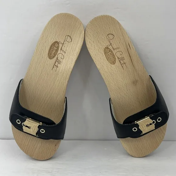 Dr Scholl’s ORIGINAL COLLECTION, BLACK, ADJUSTABLE TOP STRAP, WOODEN SOLE,SIZE 5