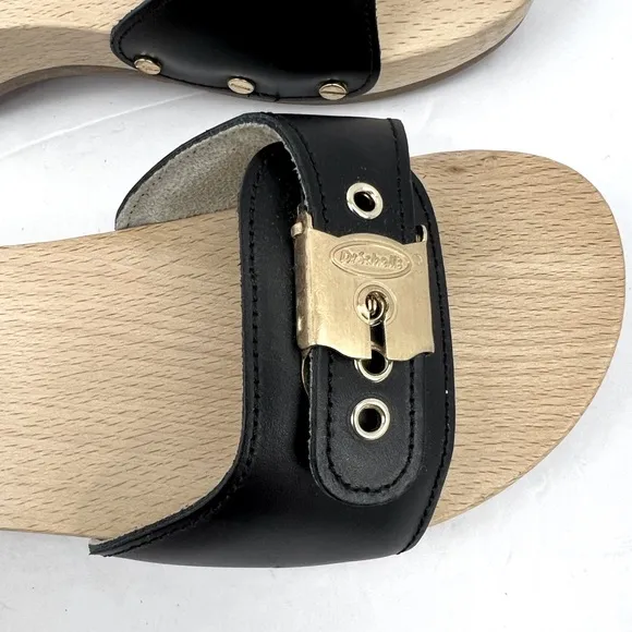 Dr Scholl’s ORIGINAL COLLECTION, BLACK, ADJUSTABLE TOP STRAP, WOODEN SOLE,SIZE 5