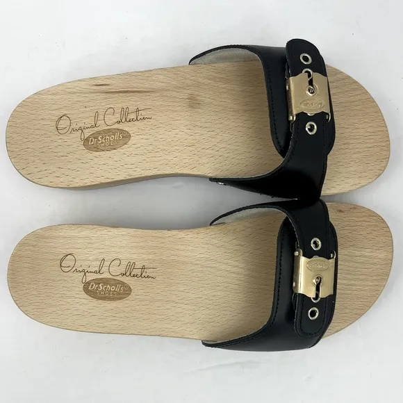 Dr Scholl’s ORIGINAL COLLECTION, BLACK, ADJUSTABLE TOP STRAP, WOODEN SOLE,SIZE 5