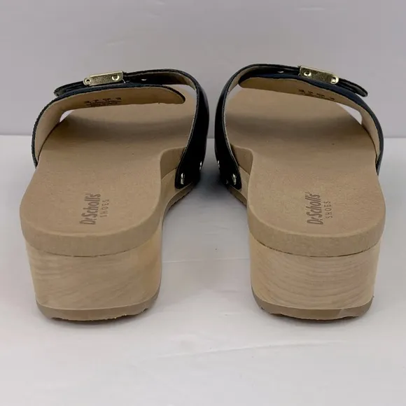 Dr Scholl’s SHOES, NAVY BLUE LEATHER TOP, ADJUSTABLE TOP STRAP, WOODEN SOLE, 10M