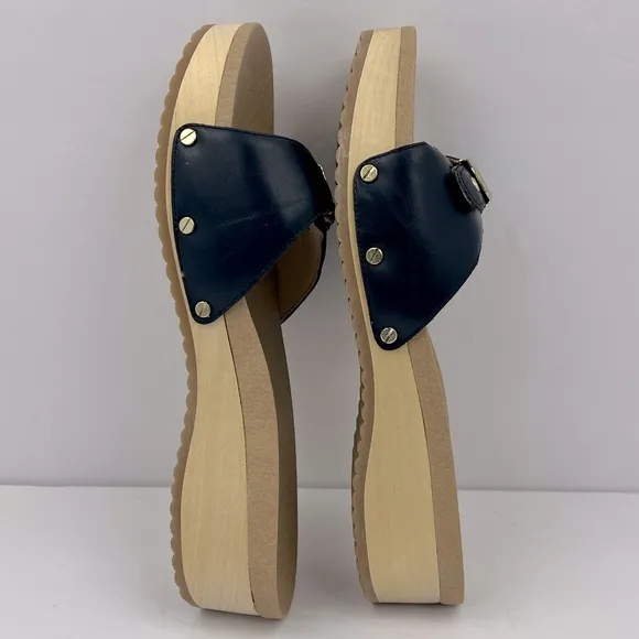 Dr Scholl’s SHOES, NAVY BLUE LEATHER TOP, ADJUSTABLE TOP STRAP, WOODEN SOLE, 10M