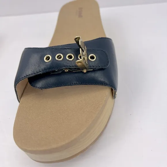 Dr Scholl’s SHOES, NAVY BLUE LEATHER TOP, ADJUSTABLE TOP STRAP, WOODEN SOLE, 10M