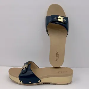 Dr Scholl’s SHOES, NAVY BLUE LEATHER TOP, ADJUSTABLE TOP STRAP, WOODEN SOLE, 10M
