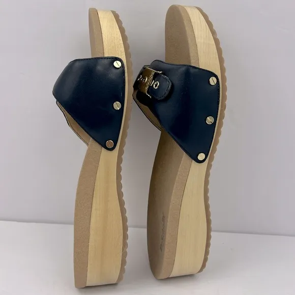 Dr Scholl’s SHOES, NAVY BLUE LEATHER TOP, ADJUSTABLE TOP STRAP, WOODEN SOLE, 10M