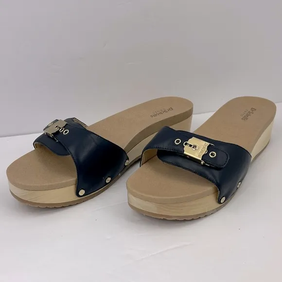 Dr Scholl’s SHOES, NAVY BLUE LEATHER TOP, ADJUSTABLE TOP STRAP, WOODEN SOLE, 10M