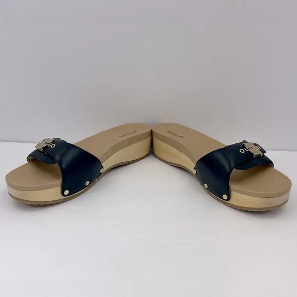 Dr Scholl’s SHOES, NAVY BLUE LEATHER TOP, ADJUSTABLE TOP STRAP, WOODEN SOLE, 10M