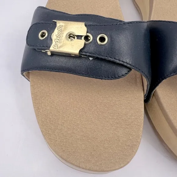 Dr Scholl’s SHOES, NAVY BLUE LEATHER TOP, ADJUSTABLE TOP STRAP, WOODEN SOLE, 10M