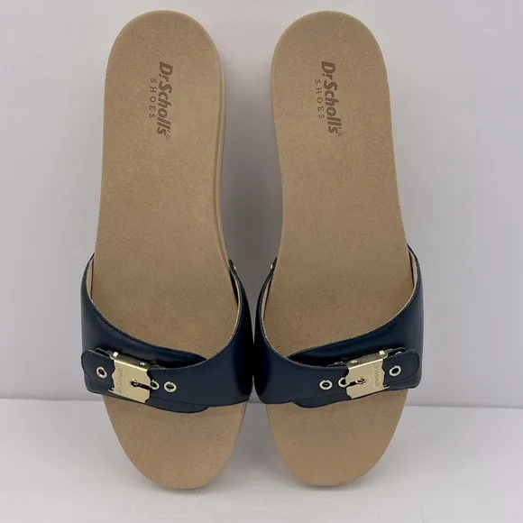 Dr Scholl’s SHOES, NAVY BLUE LEATHER TOP, ADJUSTABLE TOP STRAP, WOODEN SOLE, 10M