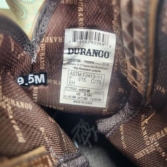 Durango Lady Rebel 10&quot; Cowgirl Boots Women 9.5M Brown Cream Composite Toe Saddle