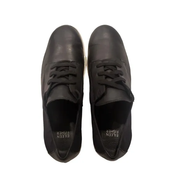 Eileen Fisher Black Soft Leather Prop Platform Lace Up Sneakers Women's Size 10