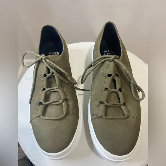 Eileen Fisher Womens Prescot Sneaker olive green Nubuck Platform Lace Up Shoe