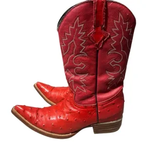 Espolon De Oro Boots  Sz Y 3 Red Ostrich Pointed Toe Exotic Cowboy Western