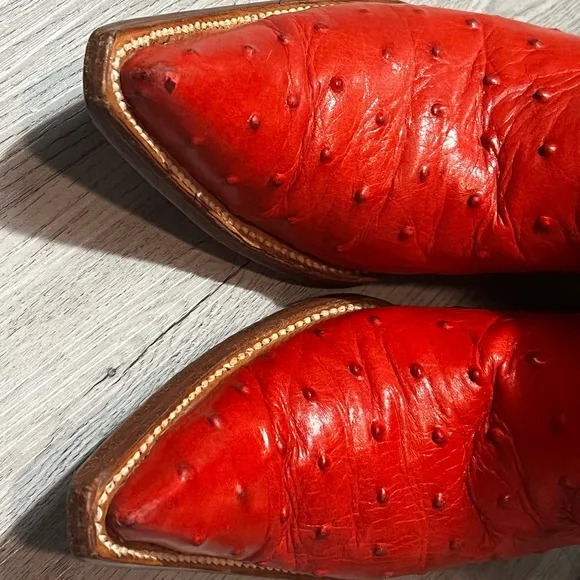 Espolon De Oro Boots  Sz Y 3 Red Ostrich Pointed Toe Exotic Cowboy Western