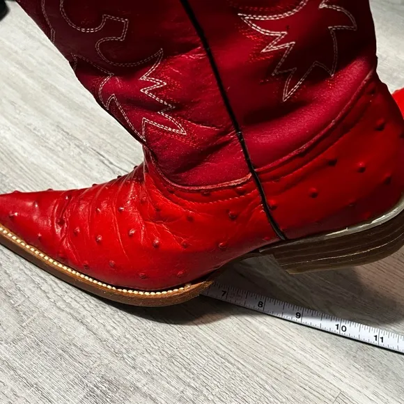 Espolon De Oro Boots  Sz Y 3 Red Ostrich Pointed Toe Exotic Cowboy Western