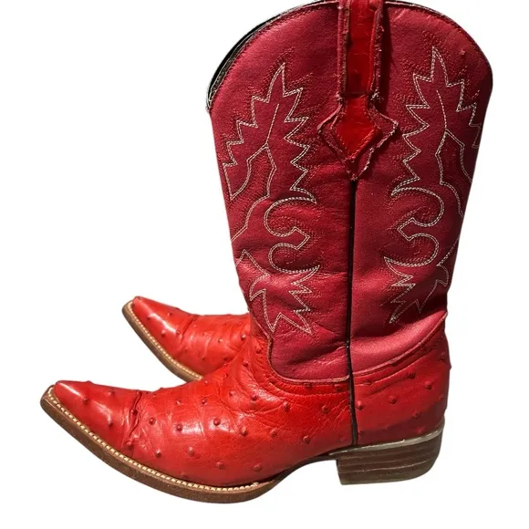 Espolon De Oro Boots  Sz Y 3 Red Ostrich Pointed Toe Exotic Cowboy Western