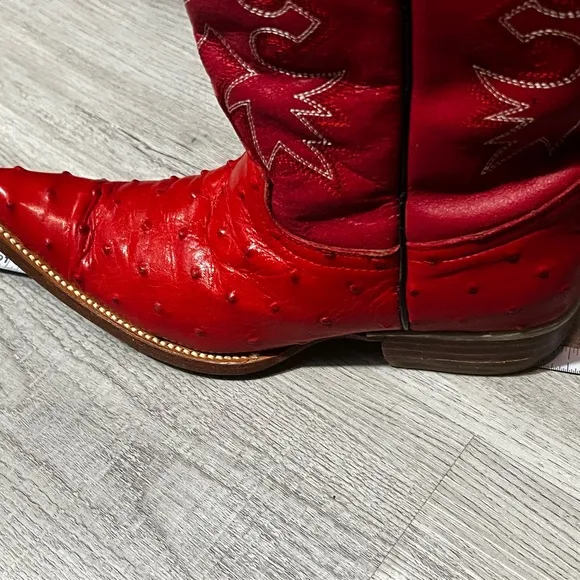 Espolon De Oro Boots  Sz Y 3 Red Ostrich Pointed Toe Exotic Cowboy Western