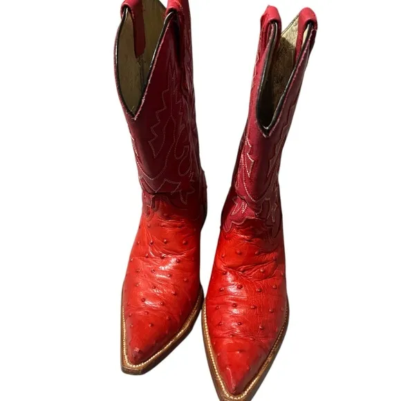 Espolon De Oro Boots  Sz Y 3 Red Ostrich Pointed Toe Exotic Cowboy Western