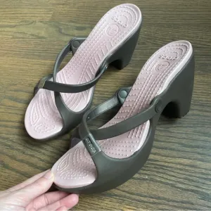 EUC Crocs Cyprus Block Heels Brown Pink Slip On Shoes