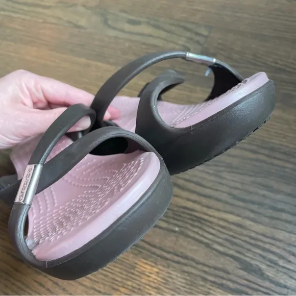 EUC Crocs Cyprus Block Heels Brown Pink Slip On Shoes