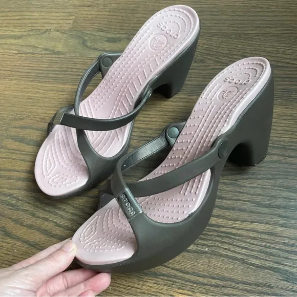 EUC Crocs Cyprus Block Heels Brown Pink Slip On Shoes