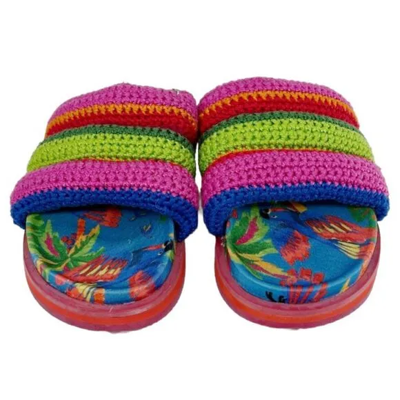 Farm Rio Blue Macaw Crochet Anatomic Slide Sandals Size 8