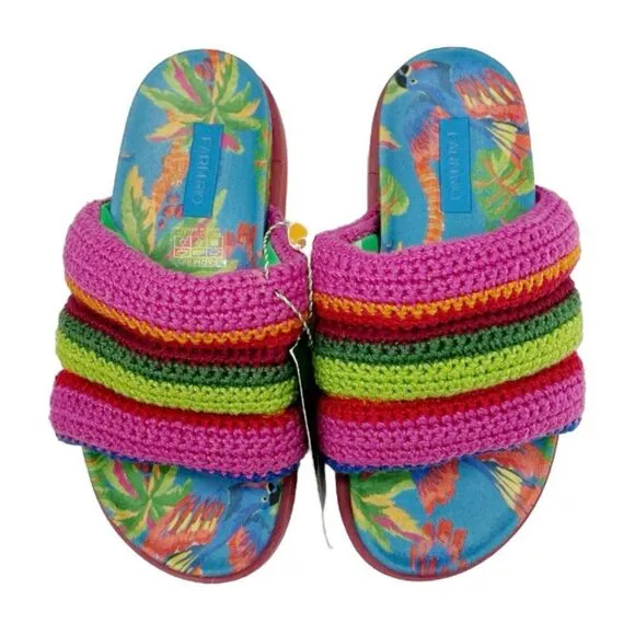 Farm Rio Blue Macaw Crochet Anatomic Slide Sandals Size 8
