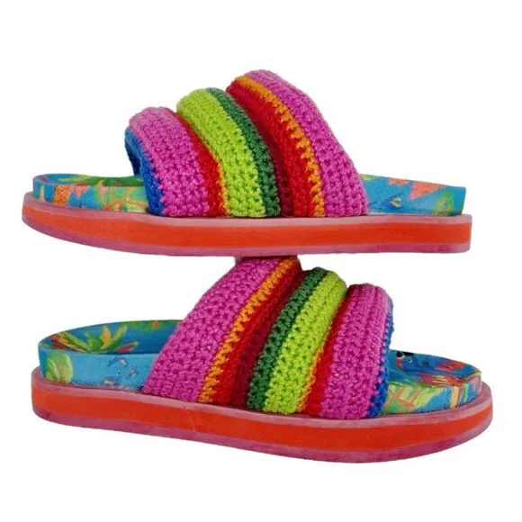 Farm Rio Blue Macaw Crochet Anatomic Slide Sandals Size 8