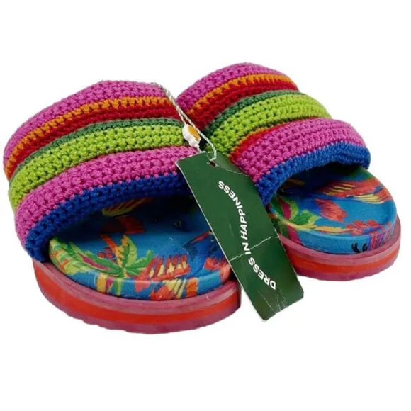Farm Rio Blue Macaw Crochet Anatomic Slide Sandals Size 8