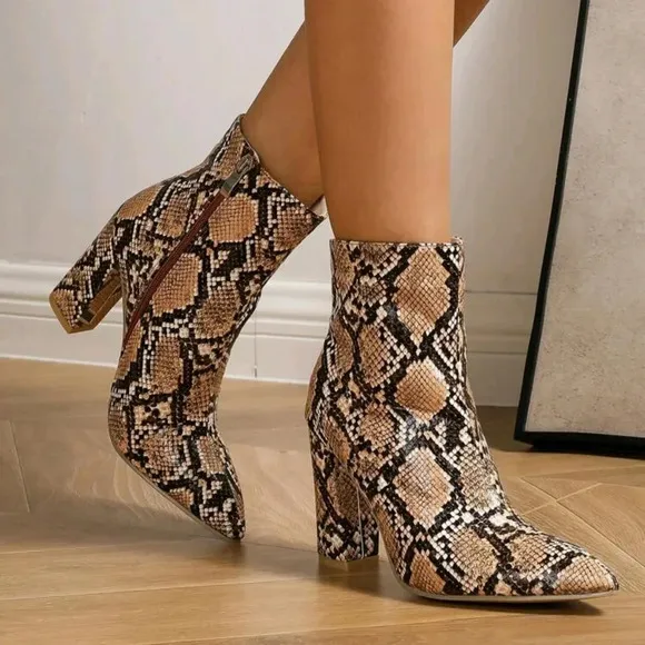 Fashion Snake Skin Texture Chunky High Heel Ankle Boots