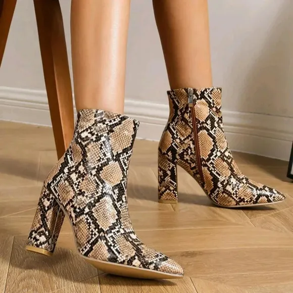 Fashion Snake Skin Texture Chunky High Heel Ankle Boots