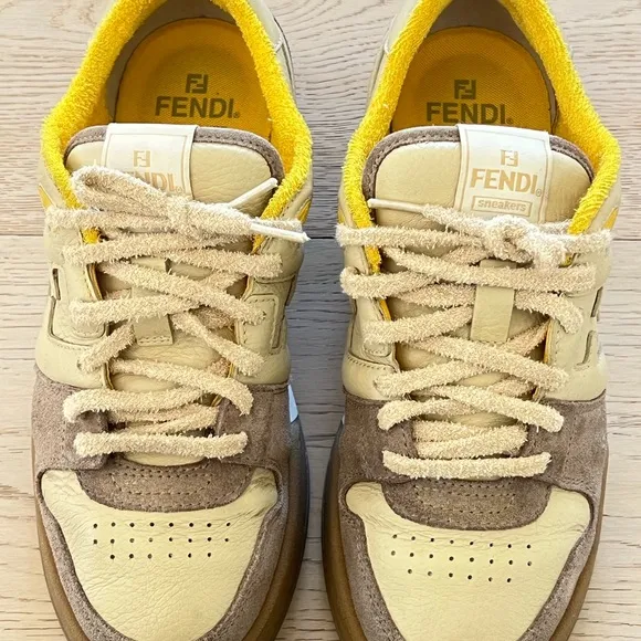 Fendi Cream and Brown Low-Top Sneakers with Suede Panels