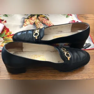 FERRAGAMO Black Shoes w/ Gold Buckles   Size 6 1/2 B