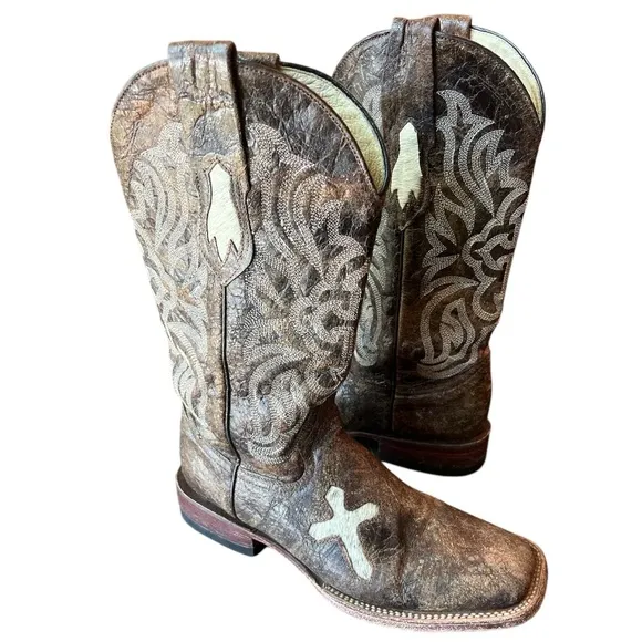 Ferrini Distressed Crackle Leather Boots Cognac &amp; Brown Leather Boots. Size 10 B