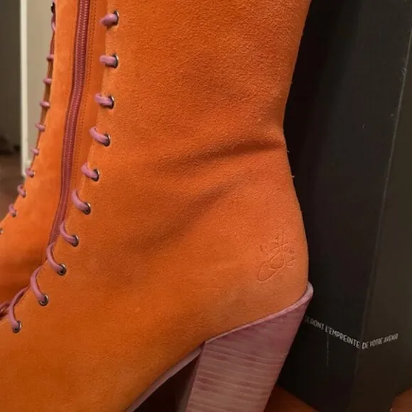 FINAL John Fluevog Swordfish Tall Lace Up Boots Orange Suede Size 7 LIKE NEW
