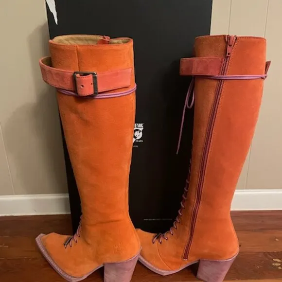 FINAL John Fluevog Swordfish Tall Lace Up Boots Orange Suede Size 7 LIKE NEW