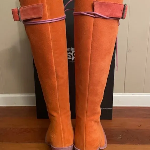 FINAL John Fluevog Swordfish Tall Lace Up Boots Orange Suede Size 7 LIKE NEW