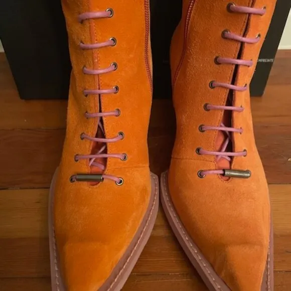 FINAL John Fluevog Swordfish Tall Lace Up Boots Orange Suede Size 7 LIKE NEW