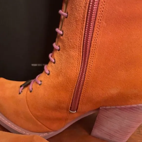 FINAL John Fluevog Swordfish Tall Lace Up Boots Orange Suede Size 7 LIKE NEW