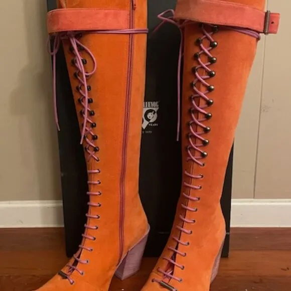 FINAL John Fluevog Swordfish Tall Lace Up Boots Orange Suede Size 7 LIKE NEW