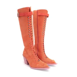 FINAL John Fluevog Swordfish Tall Lace Up Boots Orange Suede Size 7 LIKE NEW
