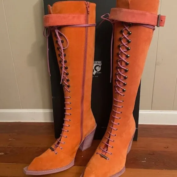 FINAL John Fluevog Swordfish Tall Lace Up Boots Orange Suede Size 7 LIKE NEW