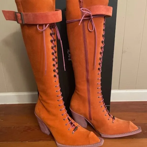 FINAL John Fluevog Swordfish Tall Lace Up Boots Orange Suede Size 7 LIKE NEW