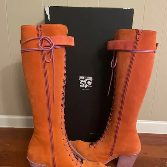 FINAL John Fluevog Swordfish Tall Lace Up Boots Orange Suede Size 7 LIKE NEW
