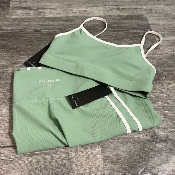 First Division Biker Shorts and Sports Bra Set Sage white accent NWT Medium