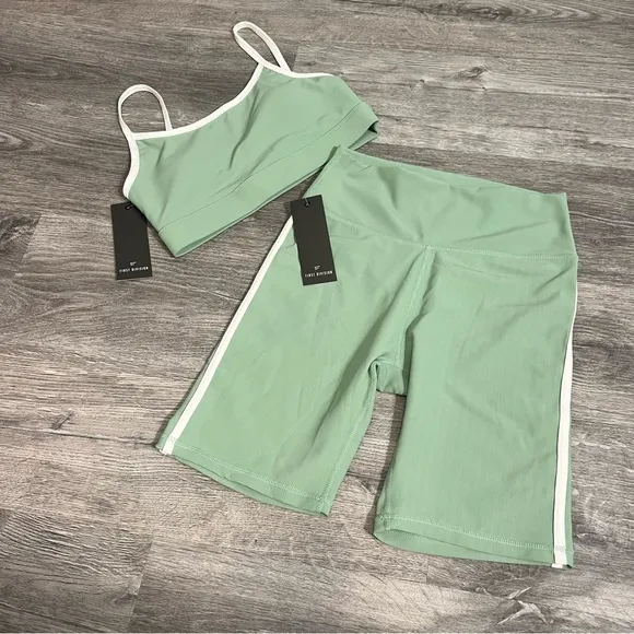 First Division Biker Shorts and Sports Bra Set Sage white accent NWT Medium