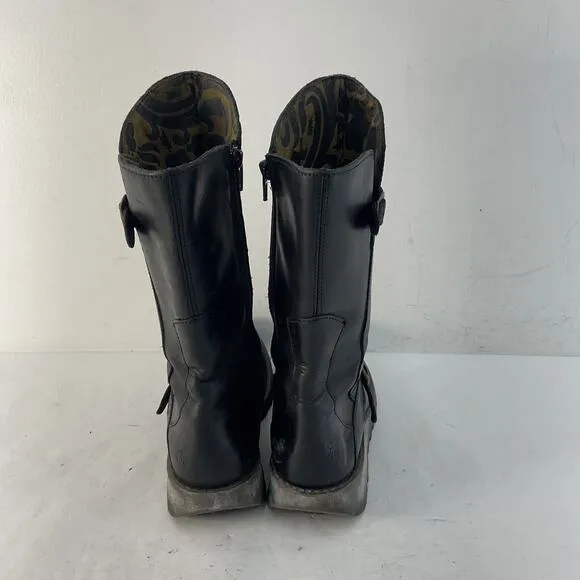 FLY London Black Biker Boots Leather Rubber Soles Women's Size 6 Preowned