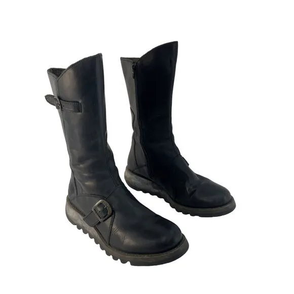 FLY London Black Biker Boots Leather Rubber Soles Women's Size 6 Preowned